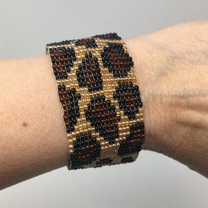 Leopard Print Brown Black Tan Loom Woven Seed Bead Bracelet